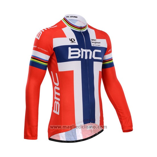 2014 Abbigliamento Ciclismo BMC Campione Norvegia Blu e Rosso Manica Lunga e Salopette